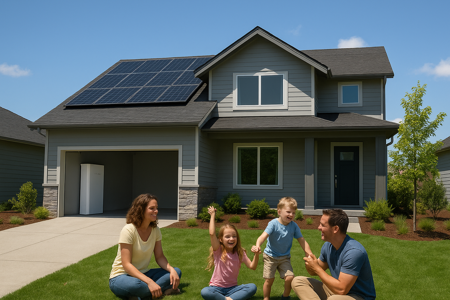 A modern suburban home with rooftop solar panels and a sleek battery storage system in the side yard. A family enjoys time together outside under bright daylight, symbolizing energy independence and self-sufficiency.