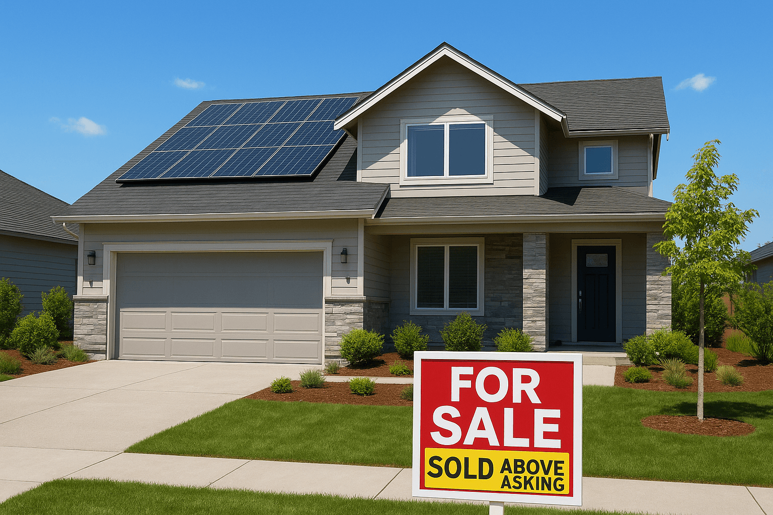 A modern suburban home with sleek rooftop solar panels, a neatly landscaped front yard, and a “For Sale” sign featuring a bold “Sold Above Asking” sticker, captured in bright daylight under clear skies.