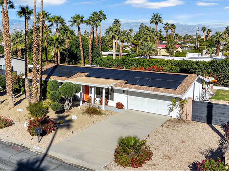 Solar Panel Cost in Palm Springs, CA (2026 Guide): a home with solar panels and palm trees in Palm Springs