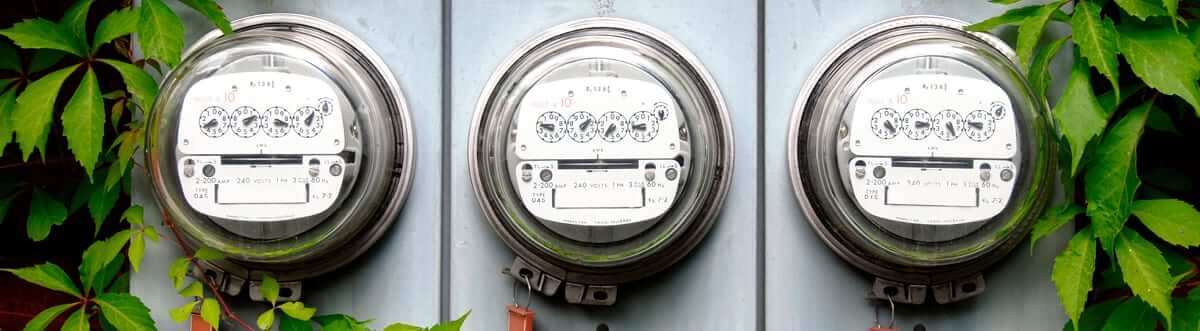 Electricity meters surrounded by foliage illustrating solar panels and electricity usage offset.