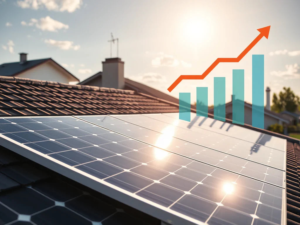 Solar panels on a roof with a rising graph overlay representing benefits of going solar in 2026.