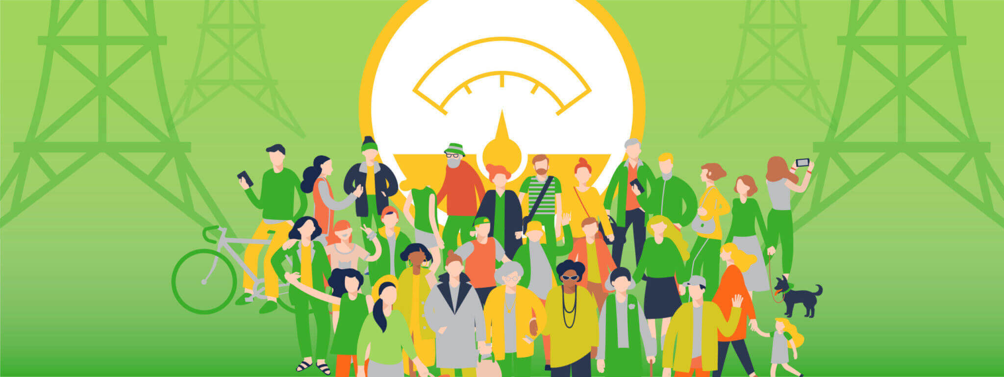 Community gathering to advocate for Protect net metering in California with green energy symbols in the background.