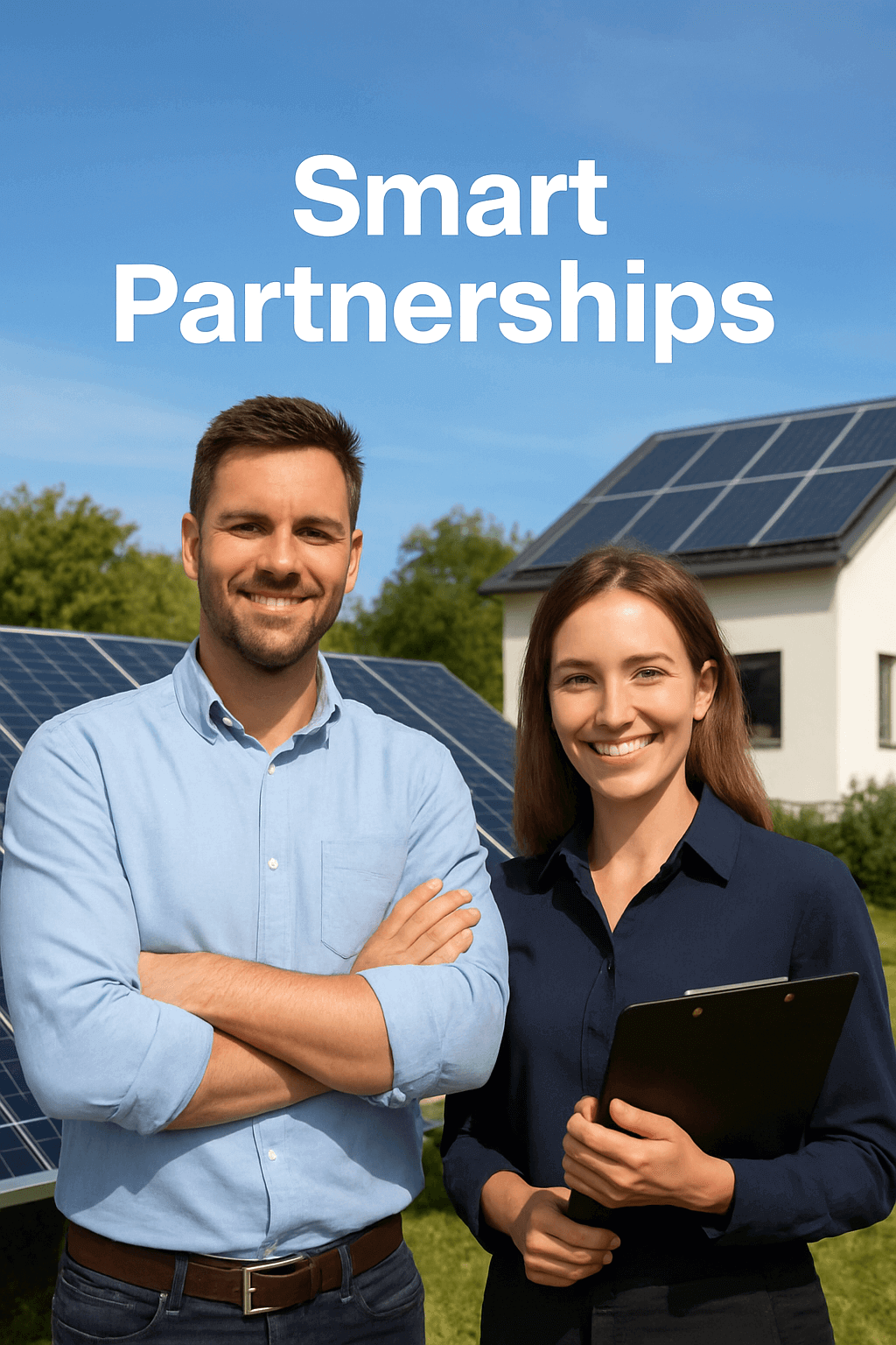 Smart Partnerships: Delivering Solar Excellence Through Collaboration with two professionals in front of solar panels.