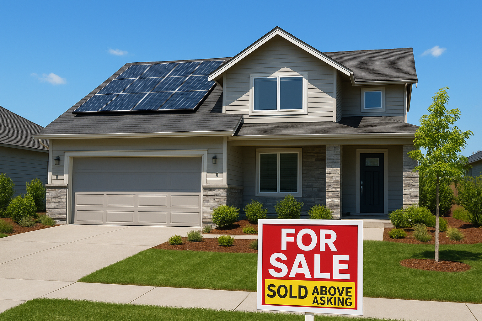 A modern suburban home with sleek rooftop solar panels, a neatly landscaped front yard, and a “For Sale” sign featuring a bold “Sold Above Asking” sticker, captured in bright daylight under clear skies.